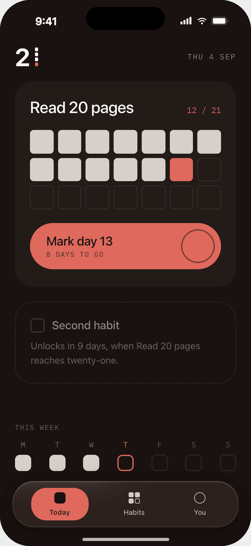 Twenty-One’s Today screen: one reading habit, 12 completed days, and a button to mark day 13